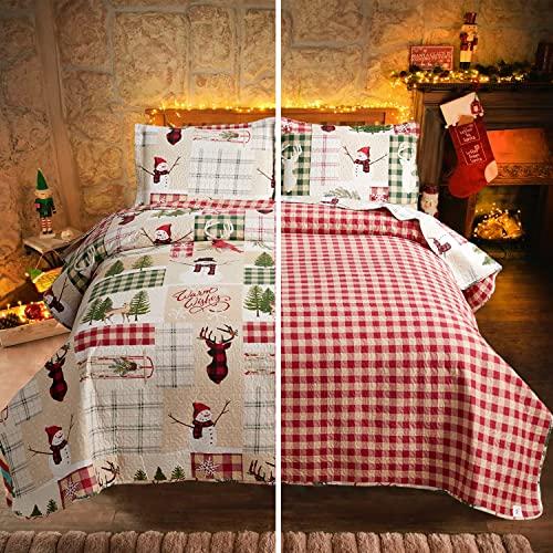 Christmas Quilt Set King Size Christmas Bedding Reversible Quilt Rustic Lodge Moose Buffalo Red Plaid Patchwork Bedding Holiday Xmas Home Decor Lightweight Quilt Bedspread Coverlet