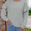 Fisoew Womens Crewneck Sweatshirts Fall Casual Ruffle Long Sleeve Roll Hem Loose Cropped Pullover Tops (XX-Large, Grey)