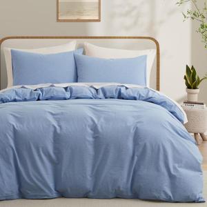 Light Blue Cotton Duvet Cover King Size, Linen Like Natural Bedding Set with Zipper Closure (No Comforter), 104x90 Inches