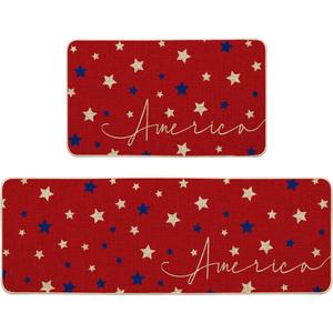 Artoid Mode Red Stars 4th of July Kitchen Mats Set of 2, Home Decor Patriotic Liberty Low-Profile Kitchen Rugs for Floor - 17x29 and 17x47 Inch