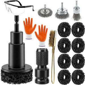 Wheel Hub Cleaning Tool Kit, 17 PCS Wheel Stud Rust Remover Tool with Goggles & Gloves, Surface Cleaning Pad Fits 1/2" Impact Wrench & Drill, for Vehicle Rotors, Hubs and Brake Service