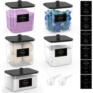 4+1 Pack Clear Laundry Pods Container & Dryer Sheet Holder, Plastic Square Laundry Room Organization and Storage Jars with Black Lids, Scoops & Labels for Detergent, Powder, Dryer Balls