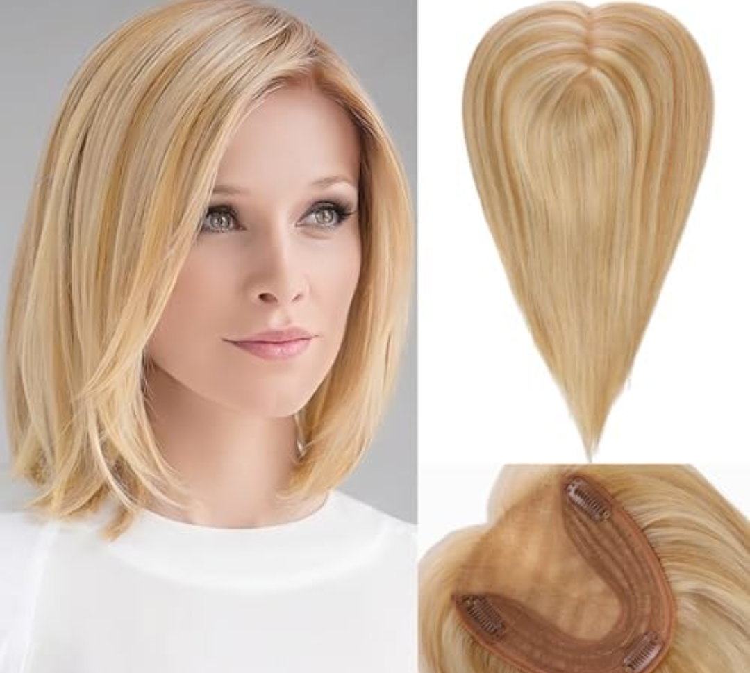 Hair Toppers for Women 14 inch Real Human Hair Topper No Bangs 5"*5.5" Base Light Blonde&Bleach Blonde Hair Toppers for Women with Thinning Hair Cover Grey Hair