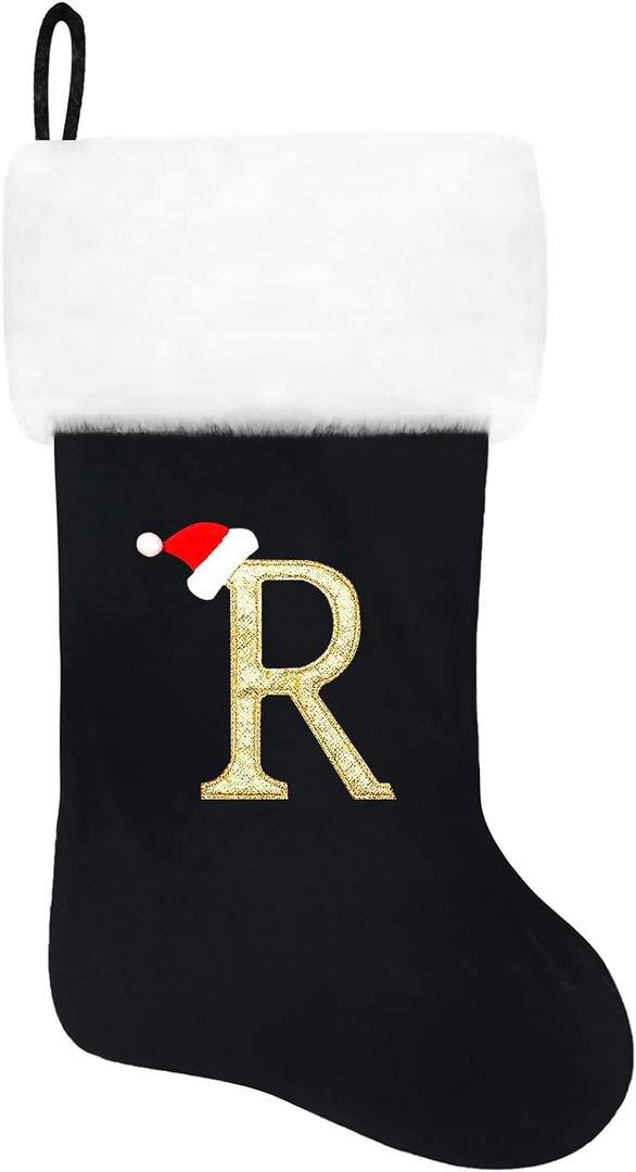20 Inches Monogram Christmas Stockings Black Velvet with White Super Soft Plush Cuff Embroidered Xmas Stockings Classic Personalized Stocking Decorations for Family Holiday Season Decor(R)