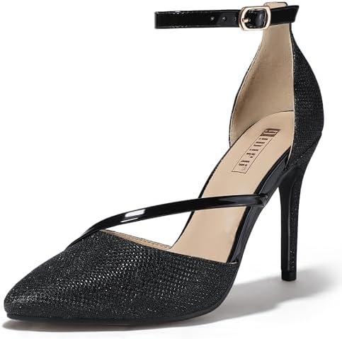 IDIFU Black Pumps Women Closed Toe High Heels Stiletto Dress Shoes for Women Wedding Prom Dressy Party Shoes Fashion Sparkly Glitter Strappy Pointed Toe Ankle Strap Heels Pumps(Black Glitter, 10)