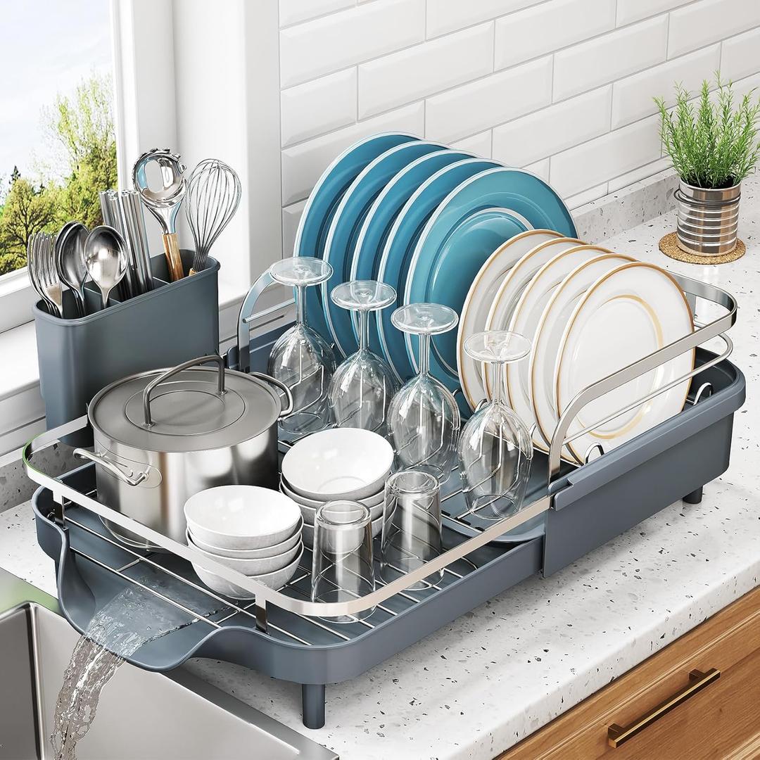 SNTD Dish Drying Rack, Expandable Dish Rack for Kitchen Counter, Stainless Steel Dish Drainer with Drainboard Set and Utensil Holder (Gray) SNTD Dish Drying Rack, Expandable Dish Rack for Kitchen Counter, Stainless Steel Dish Drainer with Drainboard Set and Utensil Holder (Gray)