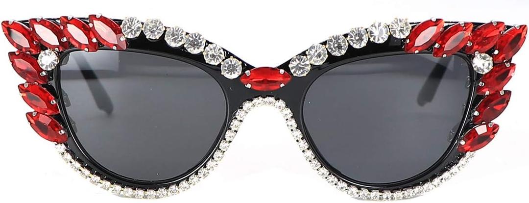 Retro Cateye Sunglasses for Women UV400 Protection Cat Eye bling rhinestone Sun Glasses (Red)