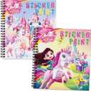 2PCS Paint by Number Sticker Book Travel Activities Essentials for Girls Kids Ages 4-10 Road Trip & Airplane Toys & Long Car Rides, Birthday Present, Preschool Classroom Party Gifts (Unicorn,palace)