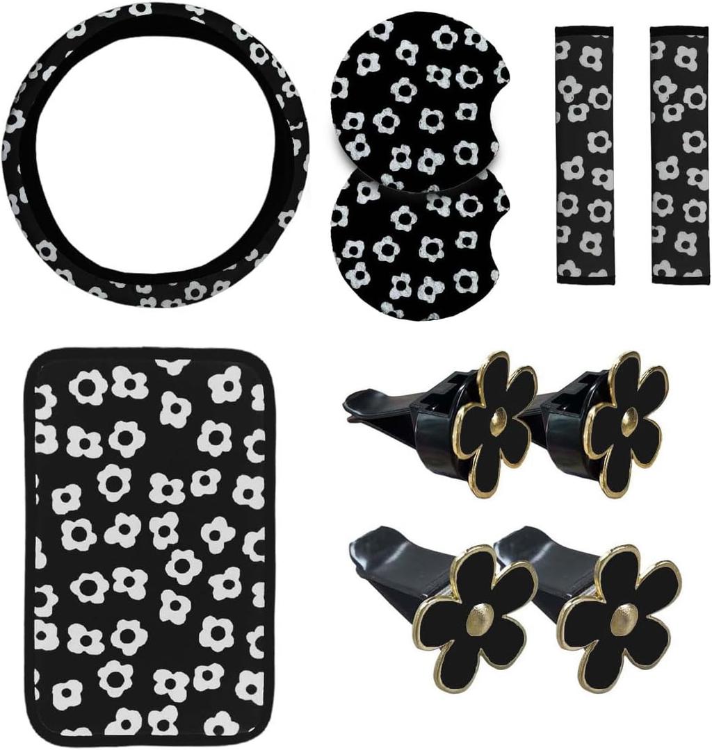 10Pcs Cute Flower Car Accessories Set, Includes Floral Steering Wheel Cover, Seat Belt Covers, Daisy Air Vent Clips, Center Console Armrest Cushion, Cup Coasters for Women Decoration (Black)