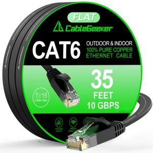 Cat 6 Ethernet Cable 35 ft, Indoor&Outdoor, High Speed 10Gbps Flat Internet Network Cable, Cat6 Ethernet Patch Cable Long, Computer LAN Cable with Free Clips & Straps for Router, Modem, PS4/5, Black