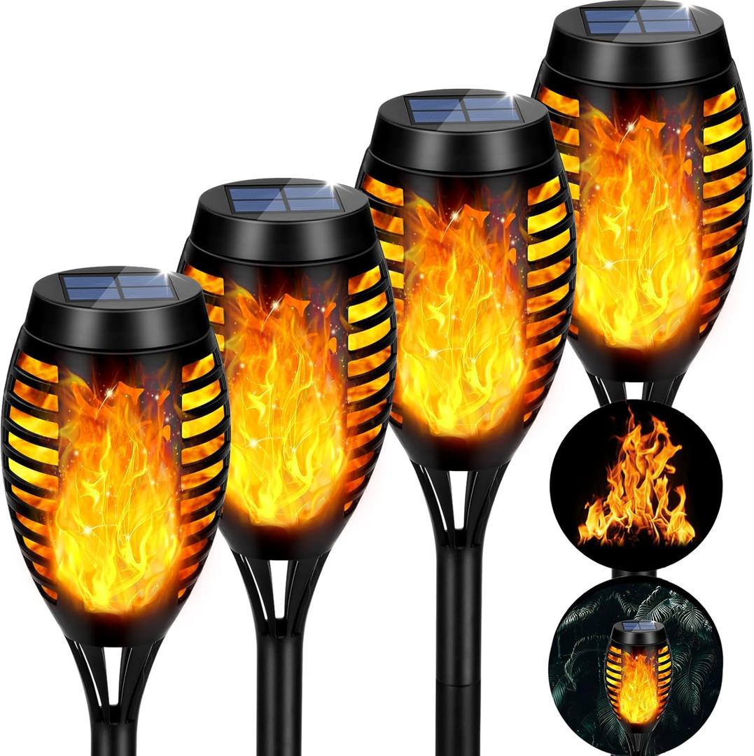 Solar Lights Outdoor, 4 Pack Solar Torch Light with Flickering Flame, Waterproof Outdoor Garden Lights for Yard, Tiki Torches for Outside Patio Pathway Decorations (Yellow)