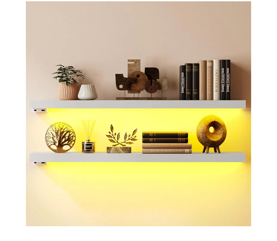BAMEOS Floating Shelves with LED Lights, 31" White Wall Mounted Wooden Shelves with Invisible Brackets, Set of 2, Hanging Wall Shelves for Bedroom, Bathroom, Living Room and Kitchen Decoration