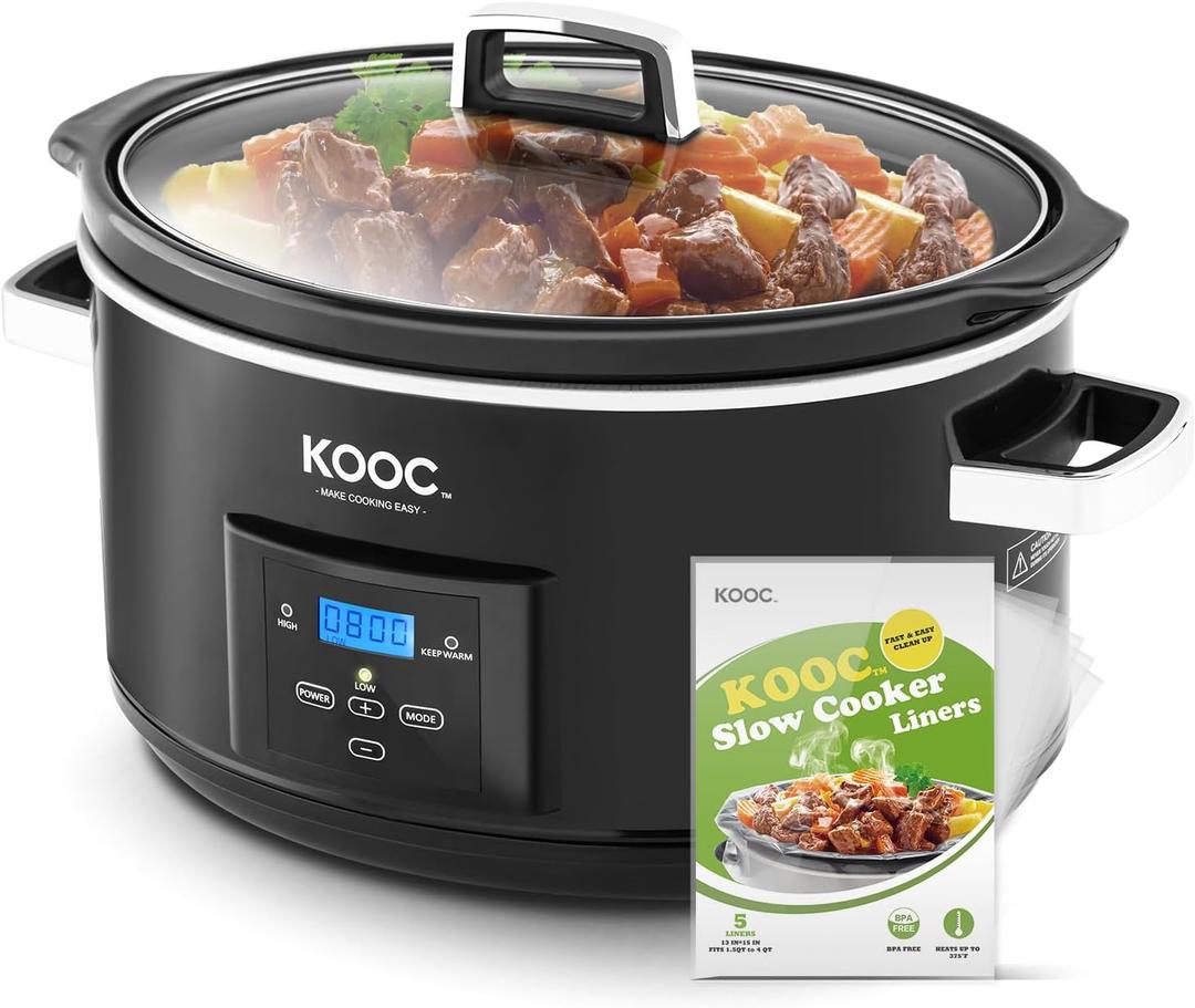 [NEW LAUNCH] KOOC 8.5-Quart Programmable Slow Cooker, Larger than 8 Quart, More Practical than 10 Quart, with Digital Countdown Timer, Free Liners Included for Easy Clean-up, Black, Oval