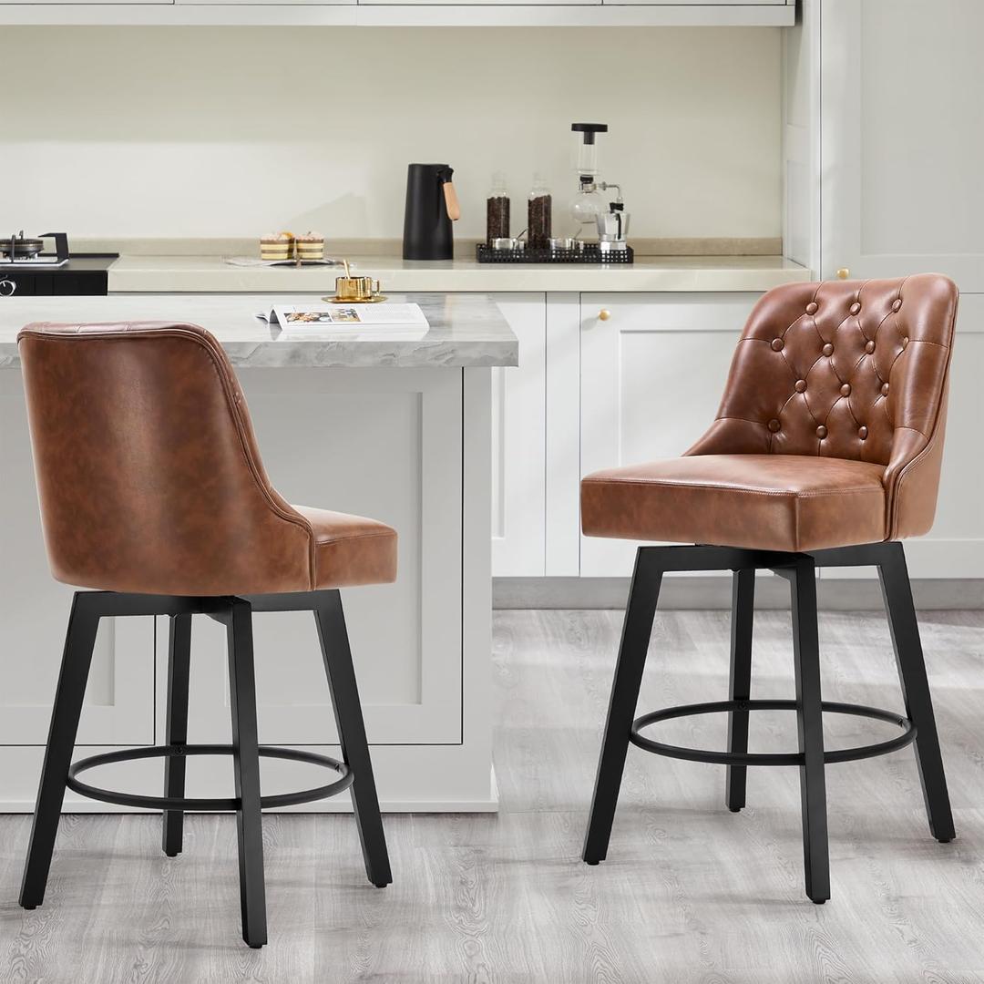 Counter Height Swivel Barstools with Back,26" H Seat Height Upholstered Bar Stools for Kitchen Island,Set of 2,Brown Leather