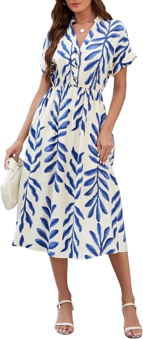 SEAFORM Women's Casual Long Dress V-Neck Retro Floral Print Dresses Elegant Long Fitted Dress for Women with Flowy Hemlines, Small
