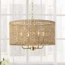 Rattan Drum Chandeliers for Dining Room, 4-Light Bohemian Hand-Woven Farmhouse Pendant Light Dining Room Light Fixture Chandelier for Entryway Living Room Kitchen Stairway Bedroom Hallway(Gold)