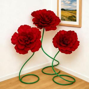 3 Pcs 5 ft Large Rose Flowers Giant Artificial Roses Valentine Standing Huge Handcrafted Flowers for Window Reception Banquet Ceremony Floral Decor Garden Hotel Office Birthday Wedding Party (Red)