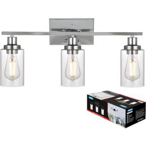 MELUCEE Modern Bathroom Lighting Fixtures Chrome Finish, 3-Light Vanity Lights Contemporary Style Wall Sconce with Clear Glass Shade for Hallway Entryway Kitchen Bedroom (Patent No.: US D963914 S)