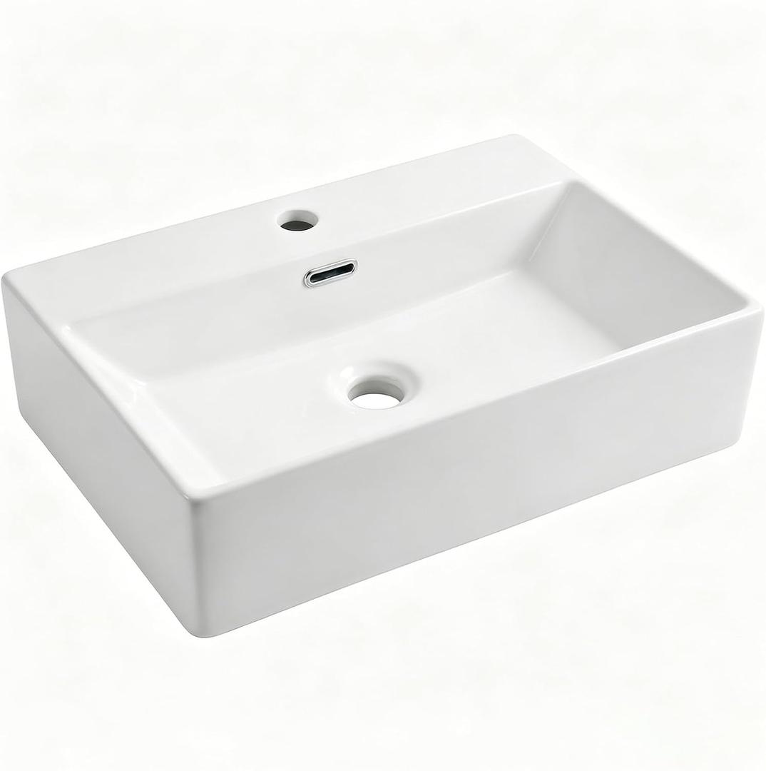 20 x 14 Inch Wall Mounted Bathroom Sink, NOHALIPY Modern White Rectangular Porcelain Floating Vessel Sink with Overflow, Corner Mount Ceramic Bathroom Sink for RV, Restroom and Toilet, Easy to Install