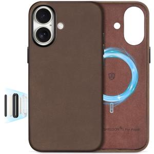 SHIELDON Top Grain Crazy Horse Leather Case for iPhone 16 6.1", Compatible with MagSafe, [Camera Button Updated], Magnetic Wireless Non-Slip Shock-Absorbent Charging Cover - Crazy Horse Dark Brown