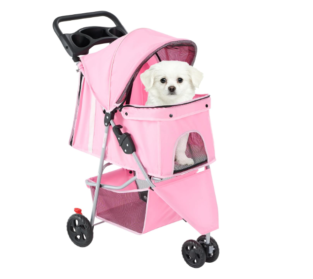 DUMOS 3 Wheels Pet Stroller for Small Dogs and Cats – Foldable Dog Stroller with Mesh Windows, Storage Basket & Cup Holder, Lightweight & Durable Pet Carrier for Travel, Outdoor Use – Pink