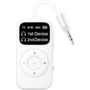 SoundSync Pro Bluetooth Transmitter & Receiver for Airplane, Easy Setup Bluetooth Audio Transceiver for 2 BT Devices, Volume Control, RCA for TV (White)