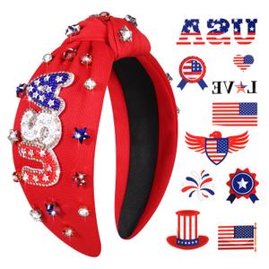 4th of July Headband Beaded USA Headband Patriotic Red White Blue Crystal Embellished Knotted with Tattoos for Women Girls Independence Day Accessories Red USA