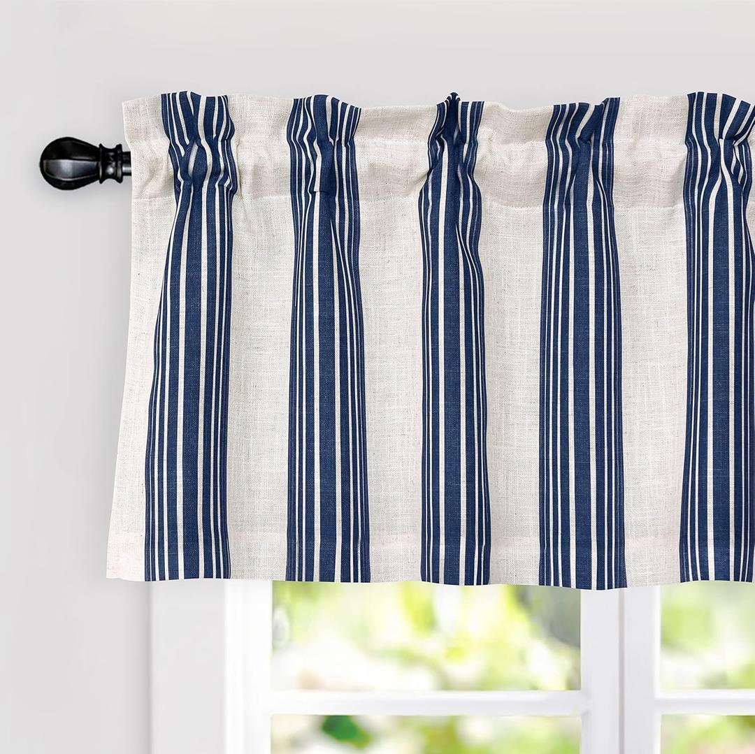 Driftaway Chris Linen Lined Valance Double Layer Thermal Insulated Room Darkening Blackout Window Valances 3 Inch Rod Pocket Vertical Striped Kitchen Valance for Bathroom 52 by 18 Inch Ivory Dark Blue