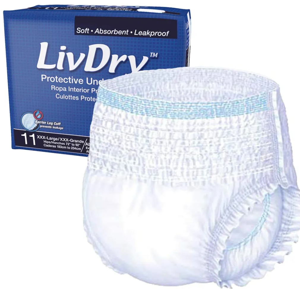 LivDry Adult Incontinence Underwear, Extra Absorbency with Overnight Comfort Bundle - XXX-Large, Bag (4 Packs)