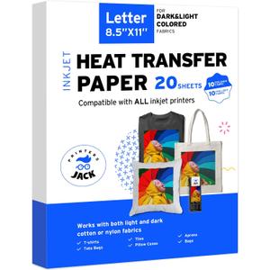 Printers Jack Iron-On Heat Transfer Paper Dark & Light Bundle, 10 for Dark Fabric + 10 for Light Fabric, 8.5"x11.7" T-Shirt Transfer Paper for Inkjet Printer Wash Durable, Long Lasting Transfer