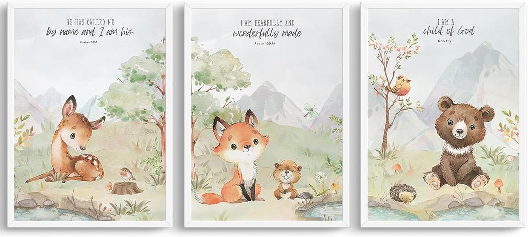 3Pcs Woodland Animal Christian Wall Art Kids Room Bible Verses Canvas Wall Decor Wild Animals Posters Prints Baby Forest Nursery Paintings Pictures Fox Bear Deer Watercolor Artwork 12x16in Unframed (12L" x 16W")