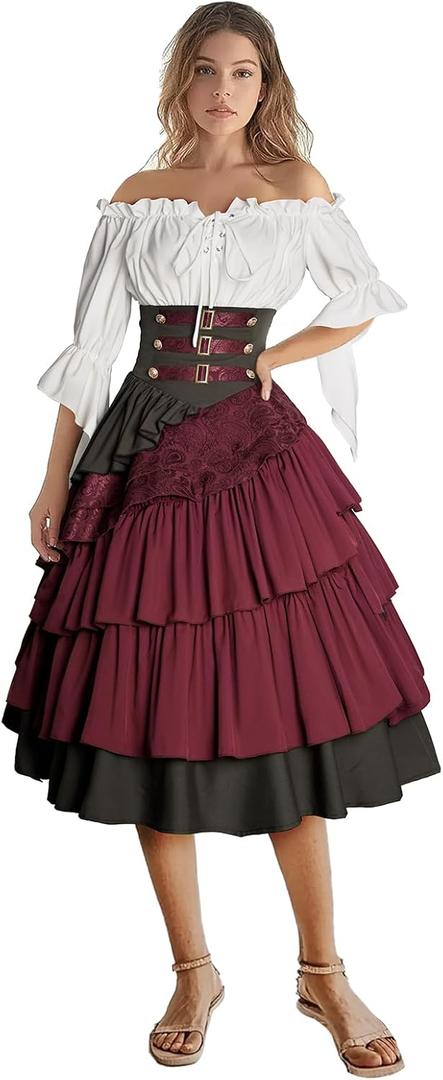 IWQBQ Women's Pirate Costume Retro Renaissance Cosutmes Women Layered Ruffle Viking Outfit Set(Z2886RDST, S)