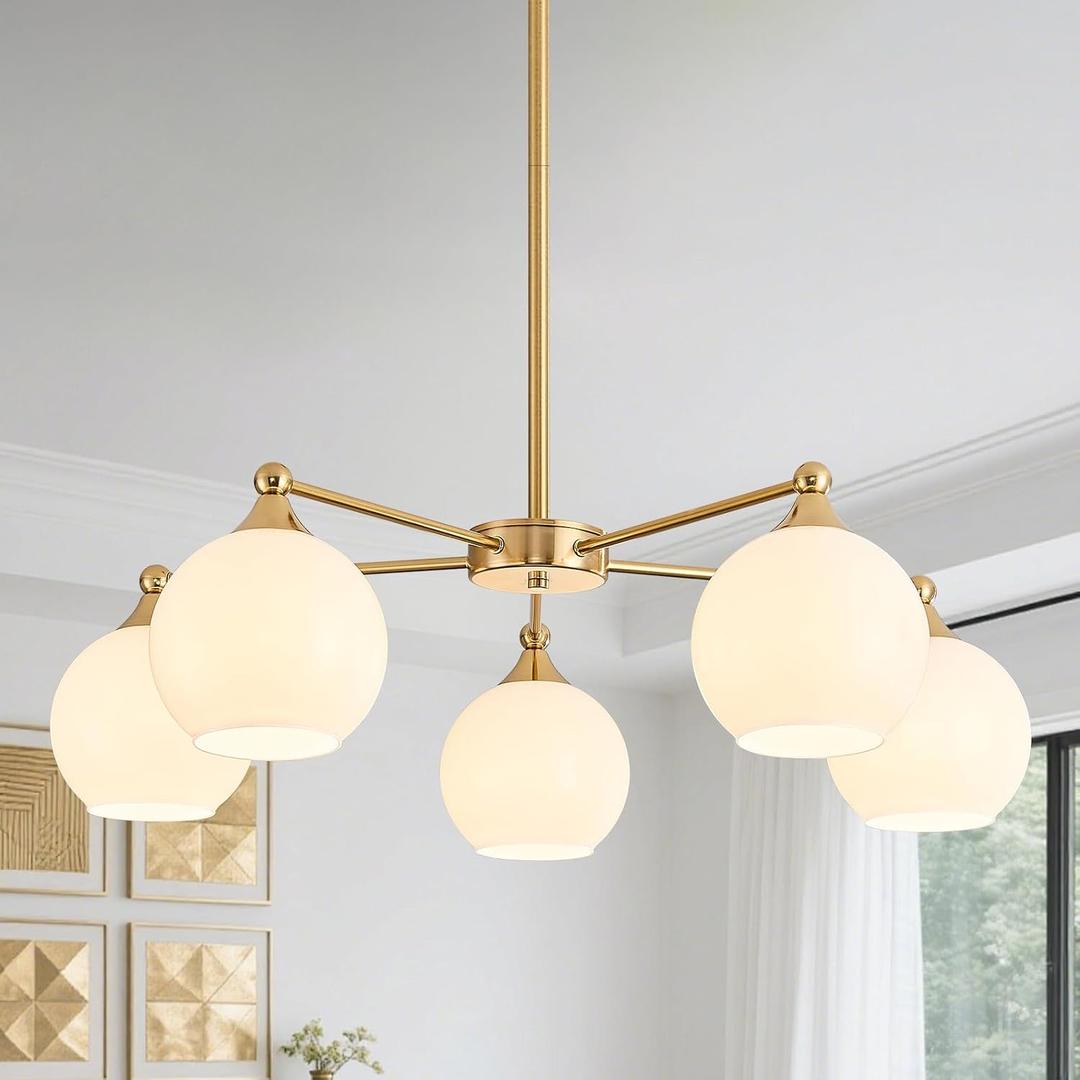 GlowHub Glass Globe Chandelier, Modern Brass Gold Pendant Light with Milk White Glass Shades, Sputnik Chandelier 5-Light Hanging Ceiling Light Fixture for Dining Room Kitchen Foyer, 30 Inches Wide