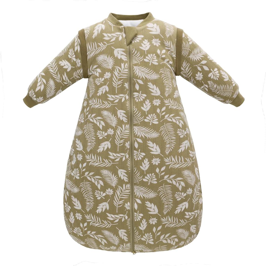 Baby Sleep Sack, TOG 2.5 Winter Wearable Blanket, Removable Long Sleeves Baby Sleeping Bag for Infants and Toddlers, Super Soft Warm Comfortable Sleeping Sack, White Leaf, 6-18M