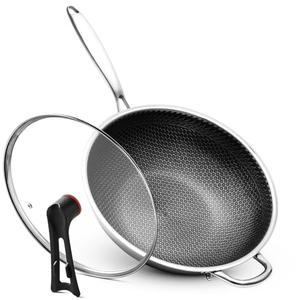 WANGYUANJI Stainless Steel Wok Pan with Lid, 12.6 Inch Honeycomb Hybrid Nonstick Stir Fry Pan, Tri-Ply Clad Skillet for Induction Electric Gas Stove, Dishwasher Safe, No Seasoning Needed (Serves 3-4)