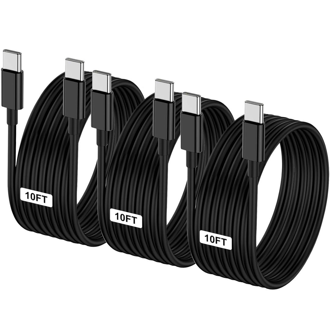 3-Pack Black 10FT 60W USB C to USB C Cable, Type C Fast Charging Cable for iPhone Air 17 16e 16 15 Pro Plus Pro Maxfor Galaxy S25/S24, for iPad Pro/Air/mini, for MacBook Pro/Air and More