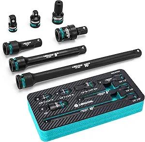 LIBRATON 1/2" Impact Socket Adapter Set 7PCS, Impact Socket Adapter Extensions 3" 6" 10", Socket Adapter Reducers, Swivel Socket, Impact to 1/4 Hex Converter, for Automotive Repair, XPE Foam