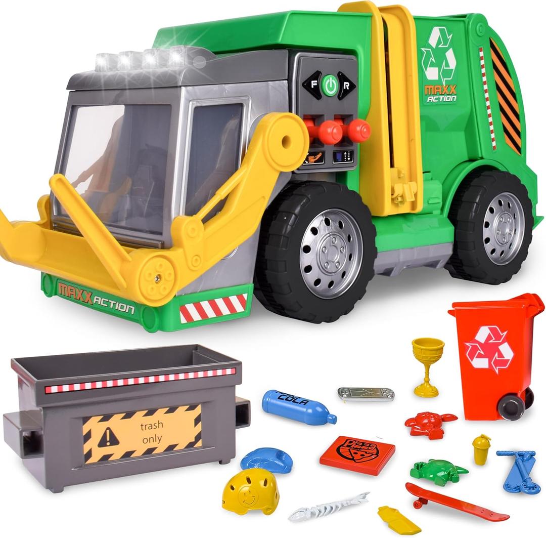 Maxx Action Large Motorized 19" Maxx Action Garbage Truck Toy Set with Lights and Sound Includes Dumpster, Trash Bin and Miniature Trash Pieces for Kids