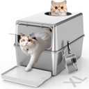 Enclosed Stainless Steel Litter Box with Lid, Enclosed Metal with High Sides, Large Cat Litter Box, Dog-Proof, Odor Control, Easy to Clean,Durable with Round Edge Front Entry
