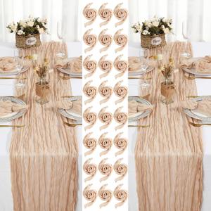 2 Cheesecloth Table Runners and 24 Napkins Set 10 FT Boho Cheese Cloth Table Runners 20 x 20 Inch Rustic Wrinkled Gauze Napkins for Wedding Birthday Baby Shower Party Decor (Champagne)