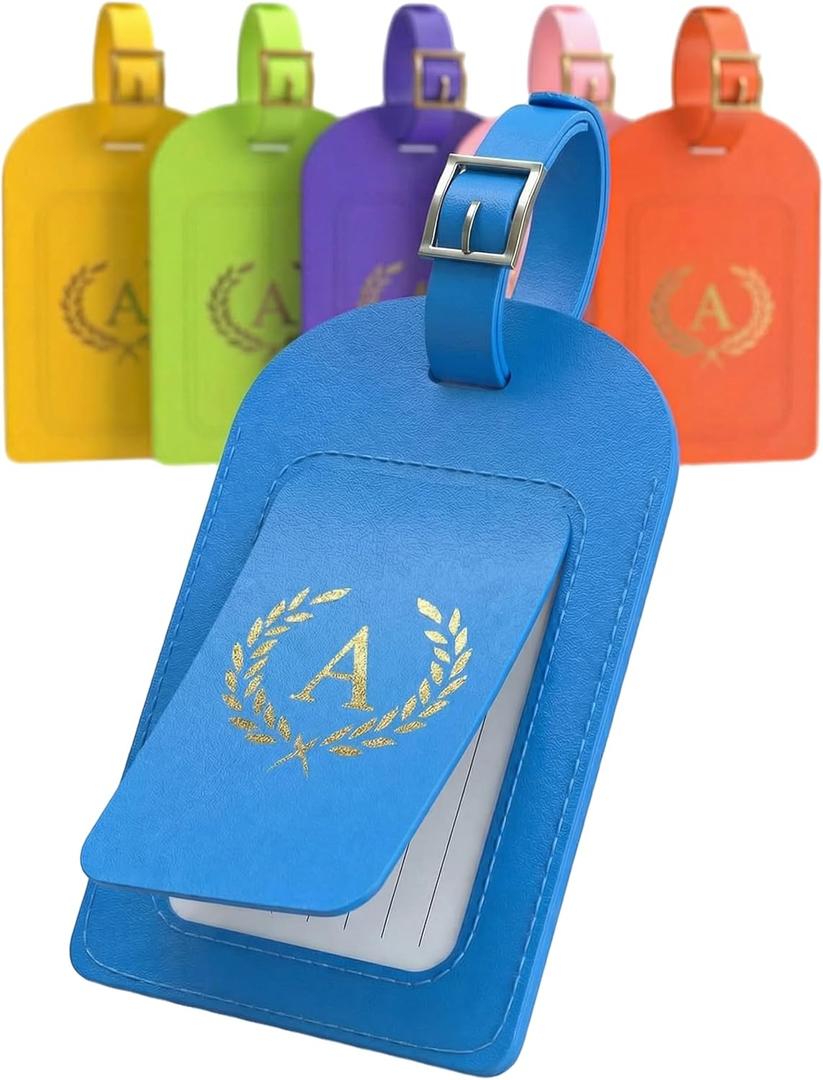 Luggage Tags for Suitcases 6 Pack PU Leather Travel Bag Tags with Privacy Cover & Stainless Steel Buckle, Vegan Leather Name ID Labels for Travel Bags, Cruise, Airline, Backpack, Baggage Identifier(A)
