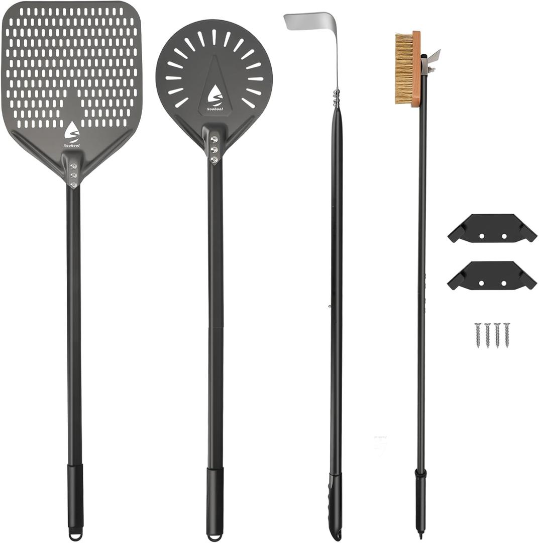 4 Piece Pizza Oven Kit Pizza Turning Peel 9 Inch Perforated Pizza Peel 12 Inch 40 Inch Aluminum Handle Pizza Oven Brush and Ash Rake Pizza Peel Set Pizza Oven Tools Kit