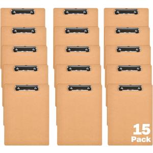 HappyHapi 15 Pack Mini Clipboards, 6 x 9 Inches A5 Small Clipboards, Wood Hardboard Memo Size Low Profile Clip with Hang Tab for Home, Office, School Classroom Supplies, Brown