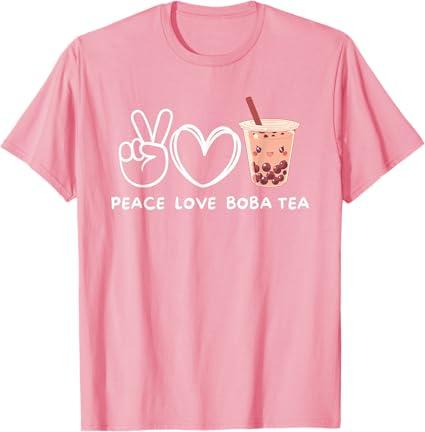 Powered By Ramen And Boba Ramen Boba Bubble Tea T-Shirt (M, Pink) 
Peace, Love Boba Tea Kawaii Boba Tea Lover Food Lover T-Shirt
