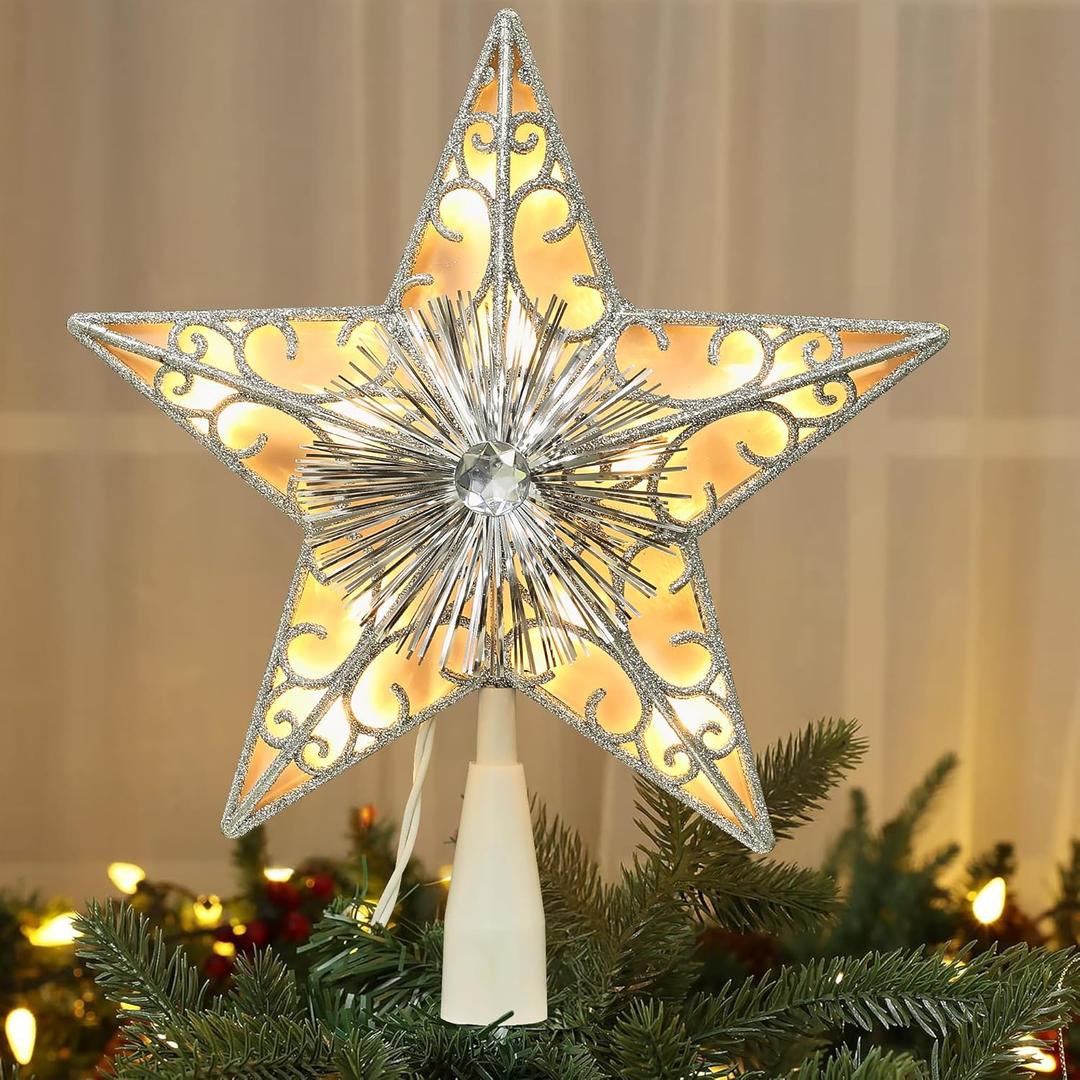 Brizled Silver Christmas Tree Star Topper, 9'' Dual-side 3D Christmas Star Topper with 10ct Warm Lights, Glittering Xmas Treetop, UL Certified Lighted Xmas Star Ornament for Tree Home Holiday Decor