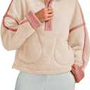MAOECO Women Sherpa Fleece Jacket Half Zip Oversized Cropped Sweatshirt Casual Long Sleeve Fuzzy Pullover Fall Winter Outfits with Pockets Beige L