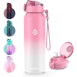 32oz Water Bottle with Removable Straw and Spout Lid Two Ways to Drink, 18/10 Stainless Steel Insulated Water Bottle, BPA-Free, Leak Proof, Double wall, for Sports, Gym (33.8 Ounces, PINK WHITE)