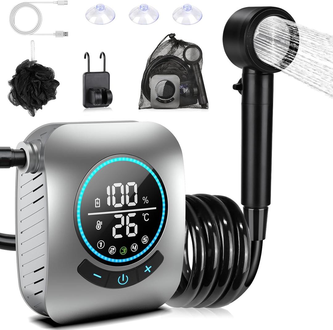 Portable Shower for Camping, [Upgraded] Spopal 8000mAh Rechargeable Camping Shower with 5 Adjustable Speeds, 4 Spray Modes, LED Display, IPX8 Waterproof Outdoor Shower Kit for Hiking, Travel, Car, Pet (Gray)