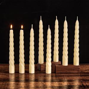 Crenovo Beeswax Taper Candles 8 Pack, 7 Hour Burn Dripless Spiral Unscented Candlesticks 8 Inch, 100% Natural for Wedding Valentine's Day Home Decor, Off White
