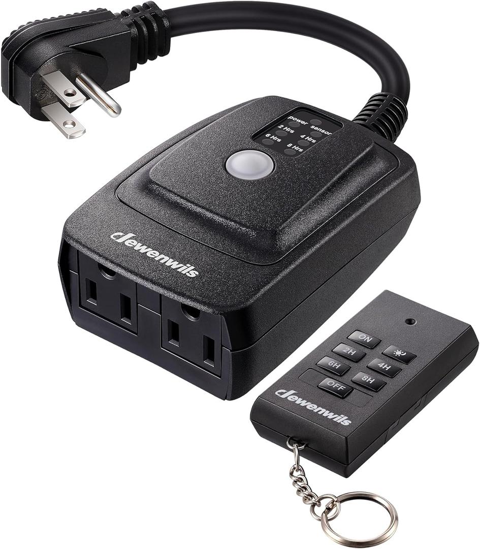 DEWENWILS Light Sensor Timer Waterproof, Plug in Timer Switch, 100 ft Range Remote Control with 2 Grounded Electrical Outlets for Halloween Outdoor String Lights, 15A 1/2HP UL Listed